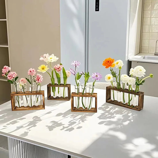 Plant Test Tube Hydroponic Vase Water-grown Flower Arrangement Plant Container Simple Wooden Frame Decors Creative Glass Vases
