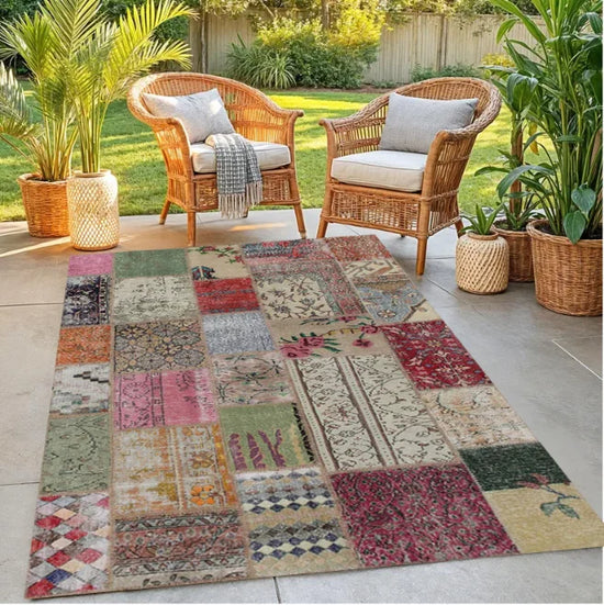 Vintage Patchwork Patterned Rectangle Area Rug  Boho Chic Living Room Carpet  Colorful Home Decor Soft Cotton Floor Mat
