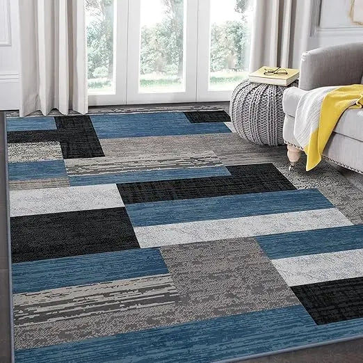 Modern Geometric Area Rug Blue Black Grey White Design Carpet Washable Stain Resistant Floor Mat for Living Room Yoga Minimalist