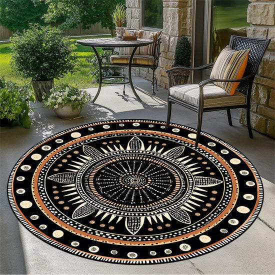African Geometric Round Rug, Durable Polyester, Fade-Resistant & Washable, Mystical Ethnic Design, for Bedroom/Living Room