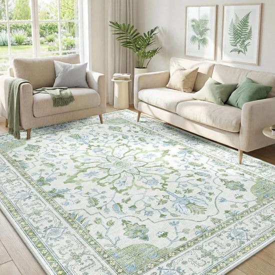 Boho Floral Area Rug Vintage Persian Style Green Blue White Print Non Slip Floor Mat Living Room Bedroom Home Decor  Carpet