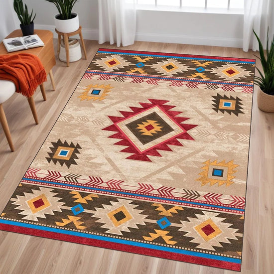 Southwestern Rug, Aztec Tribal Area Rug, Geometric Native American Design, Western Rug, Washable Boho Rug, Ethnic Area Carpet